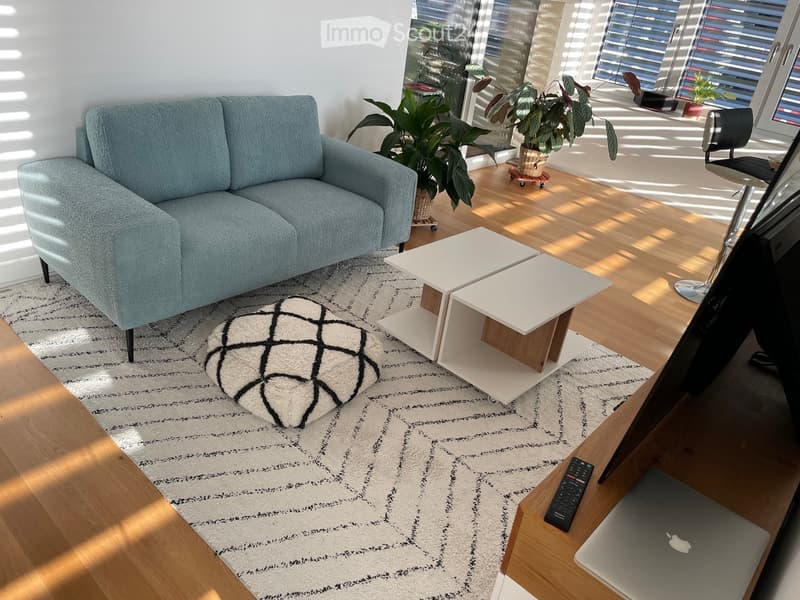 Modern living room with a light blue sofa, white coffee tables, a patterned rug, and large windows letting in natural light.