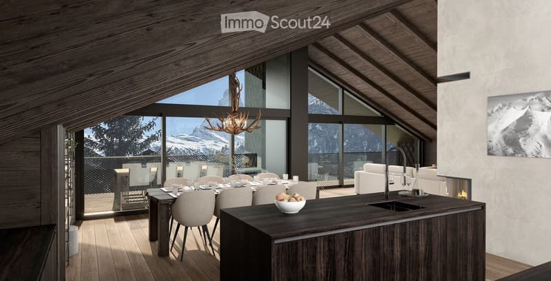 Modern, open-concept living and dining area with exposed wooden beams, large windows offering a mountain view, a dining table with chairs, a kitchen island, a sofa, a fireplace, and a chandelier.