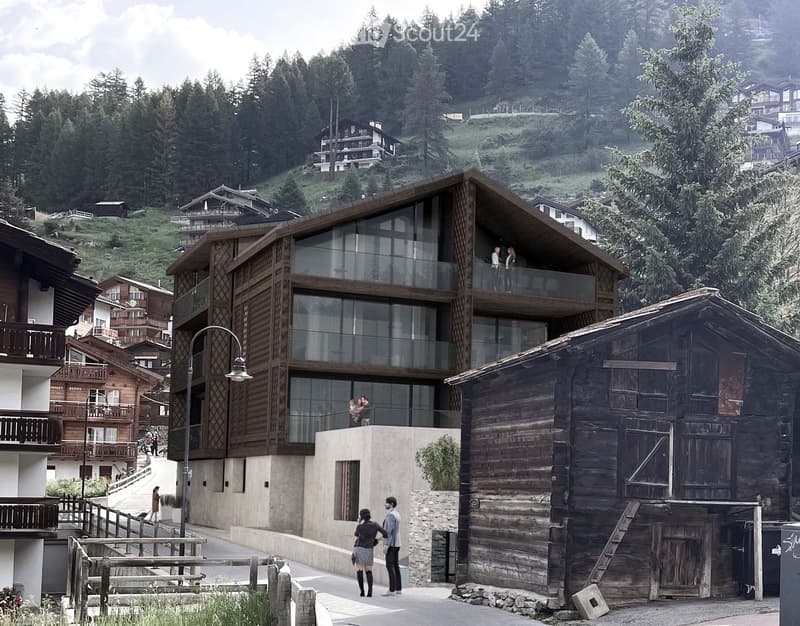 Modern multi-story building with large glass windows and wooden accents, surrounded by traditional wooden houses and lush greenery in a hilly village setting.