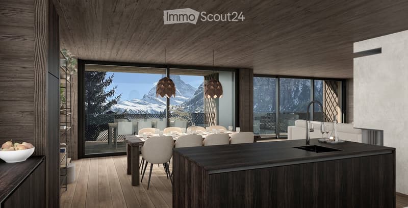 Modern kitchen with dark wooden island, pendant lights, dining area, and large windows offering a scenic mountain view.