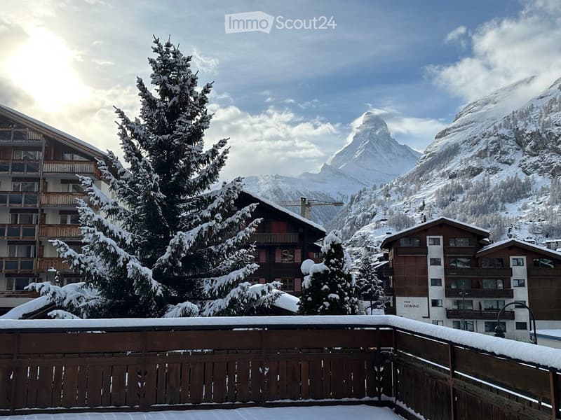 Snow-covered outdoor area with wooden fence, snow-laden trees, and distant snow-capped mountains.