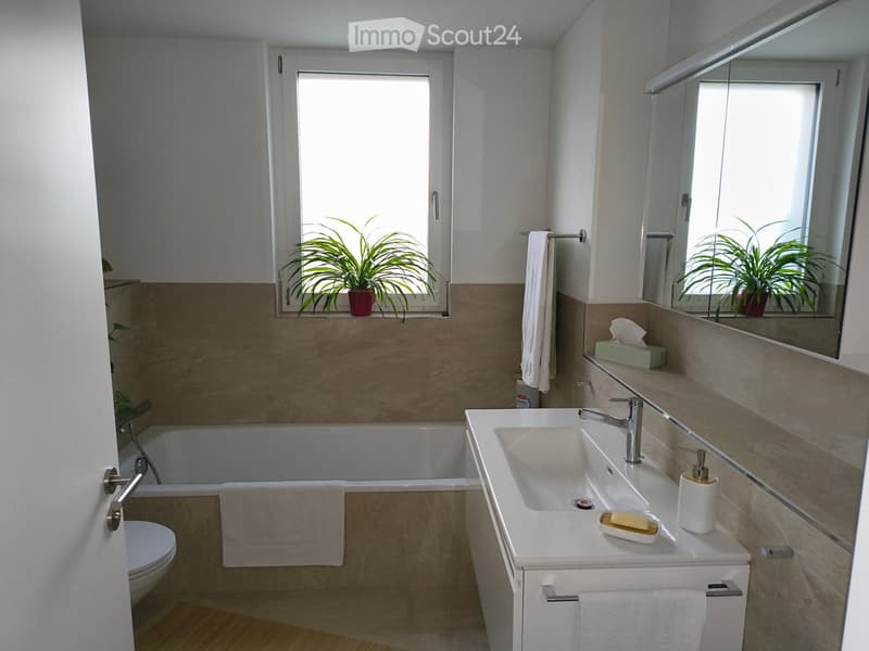 Modern bathroom with a double sink, bathtub, toilet, large mirror, and a potted plant on the windowsill.