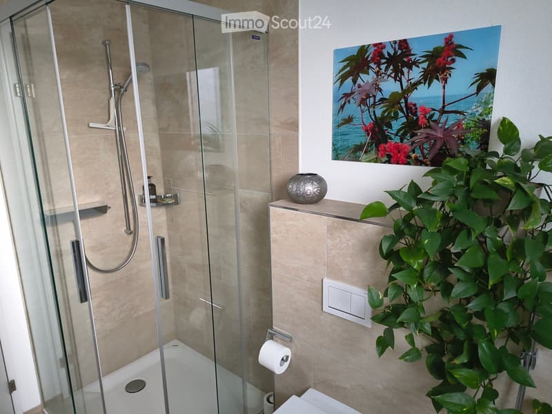 Modern bathroom with a glass-enclosed shower, beige tiles, a potted plant, and a decorative picture frame on the wall.