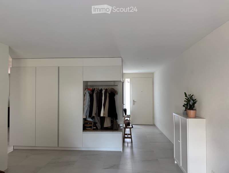 Modern hallway with white walls, tiled floor, built-in closet with hanging clothes, small plant on side table, and a closed door at the end.