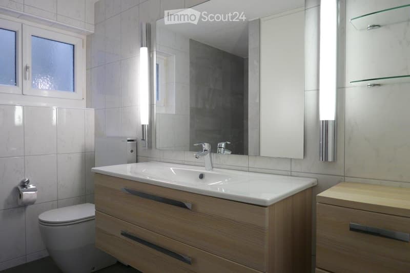 Modern bathroom with a white sink, wooden cabinet, large mirror, and a toilet. The walls are tiled, and there is a glass shelf on the right side.