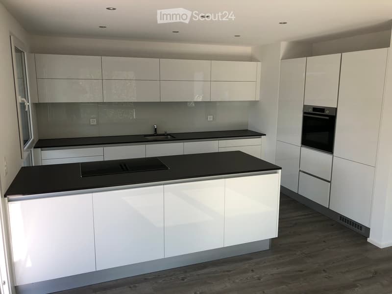 Modern kitchen with white cabinets, black countertops, and integrated appliances including a sink and oven.
