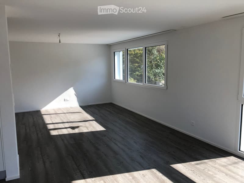 Empty room with light grey walls, dark wooden flooring, and large windows allowing natural light to enter.