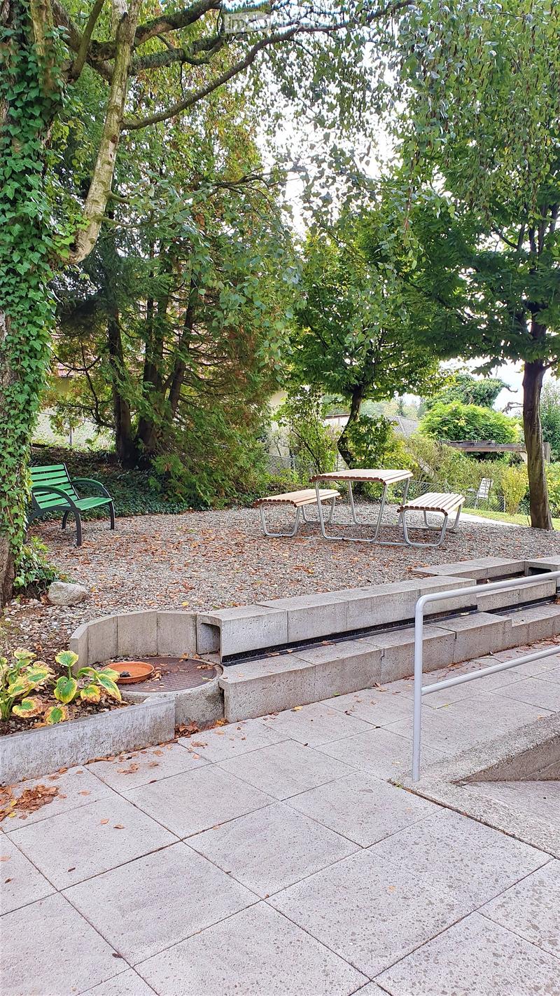 Garden / Outdoor Area. Outdoor area with a green bench, a table, and chairs, surrounded by trees and plants.