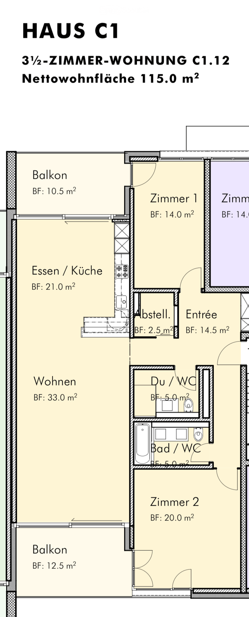 Floor plan of a 3.5-room apartment with a total area of 115.0 m², including a living room, dining/kitchen area, two bedrooms, two bathrooms, and two balconies.