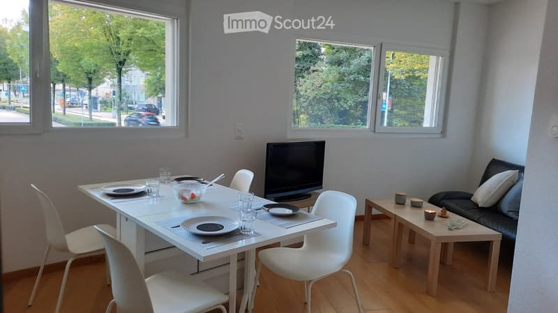 Modern living and dining area with white dining table, chairs, sofa, coffee table, and television. Large windows provide natural light.