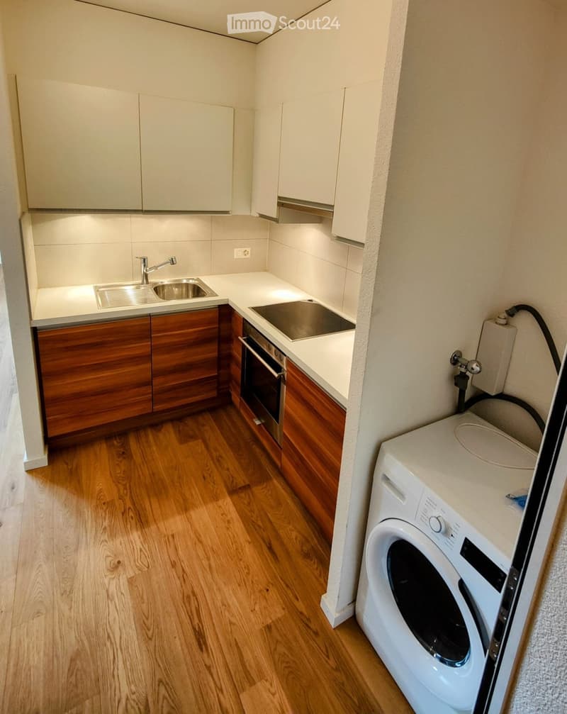 Modern kitchen with wooden cabinets, stainless steel sink, oven, and a white washing machine. The floor is wooden, and the walls are white.
