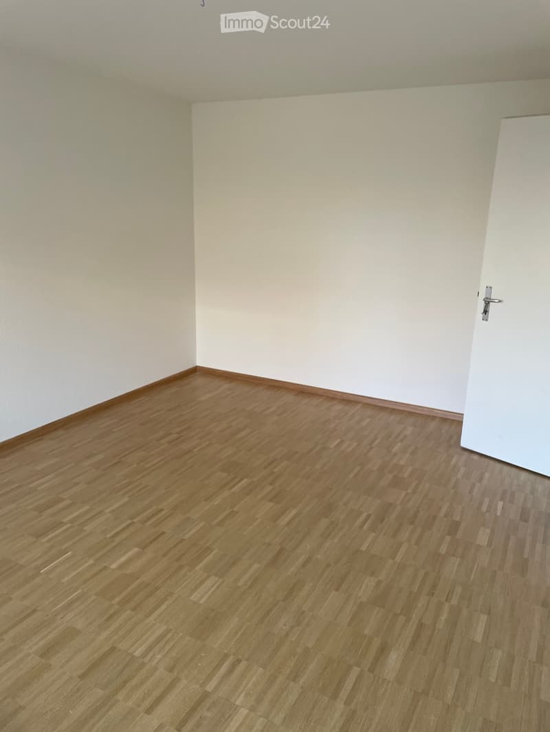 Empty room with light wooden flooring and white walls, featuring a single white door on the right side.