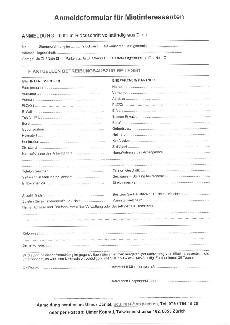 Rental application form in German, with fields for personal information, contact details, employment, and references.