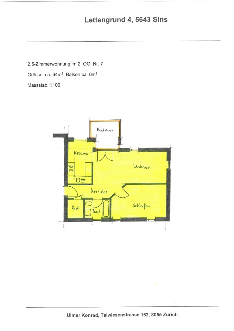 Floor plan of a 2.5-room apartment on the 2nd floor, including a kitchen, living area, bedroom, bathroom, corridor, and balcony.