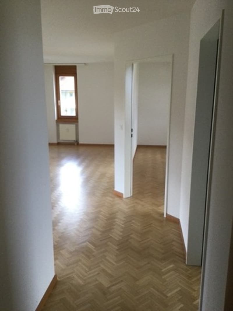 Empty hallway with wooden herringbone flooring, white walls, and a window at the far end.