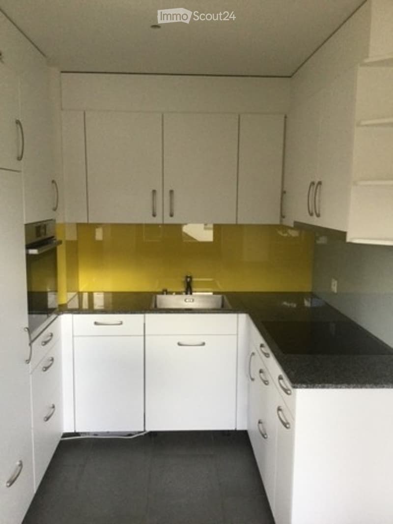Modern kitchen with white cabinets, black countertops, and a stainless steel sink.