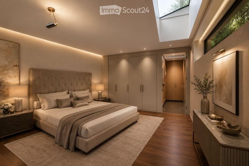 Modern bedroom with a large bed, nightstands, lamps, a large mirror, and a vase with plants on a console table. The room features wooden flooring, built-in wardrobes, and a skylight.