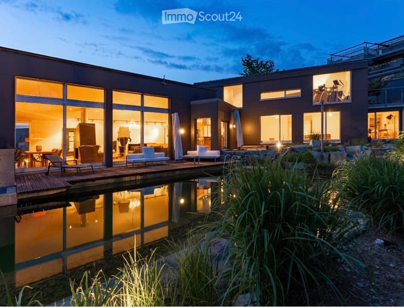 Modern two-story house with large glass windows, a reflective water feature, and outdoor seating area.