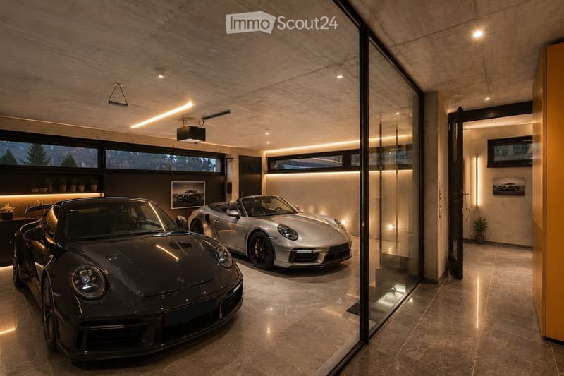 Modern garage with two luxury cars parked inside, sleek lighting, large windows, and framed artwork on the walls.
