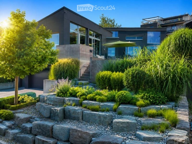 Modern house exterior with a landscaped garden featuring stone steps, shrubs, and a patio area with outdoor furniture and an umbrella.