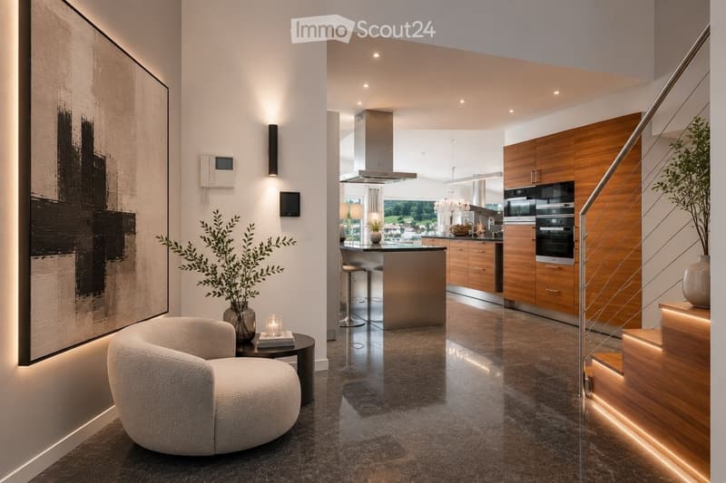 Modern living and kitchen area with a round sofa, small table, vase with plants, books, and a sleek kitchen island with bar stools. The kitchen features wooden cabinets, stainless steel appliances, and a range hood.