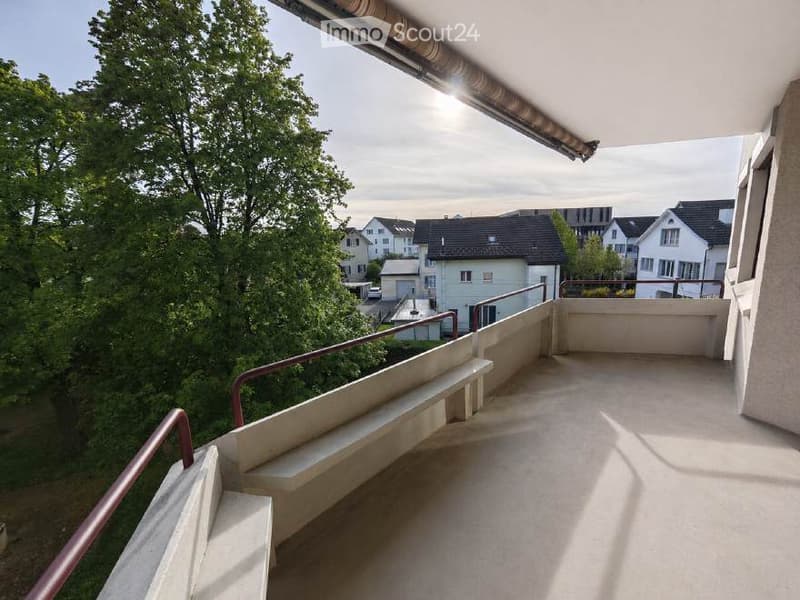 Balcony with concrete floor, metal railing, and steps leading to a lower level, overlooking a residential area with trees and houses.