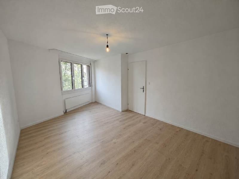 Empty room with wooden flooring, white walls, a single door, and a window with three panes. A radiator is visible below the window, and a single pendant light hangs from the ceiling.