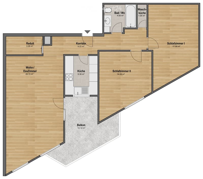 Floor plan showing a living/dining room, kitchen, two bedrooms, bathroom, hallway, and balcony.