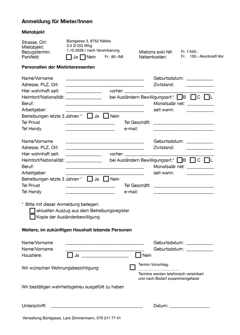 Rental application form for tenants, including fields for personal information, rental details, and contact information.