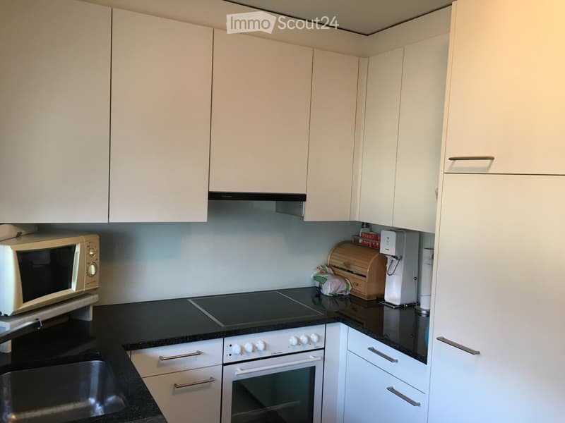 Modern kitchen with white cabinets, black countertops, and stainless steel appliances including a microwave, oven, and induction stove.