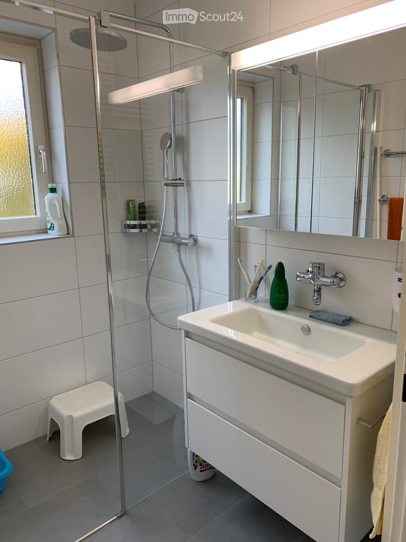 Modern bathroom with a white tiled shower area, a sink with a mirror, and various toiletries on the counter.