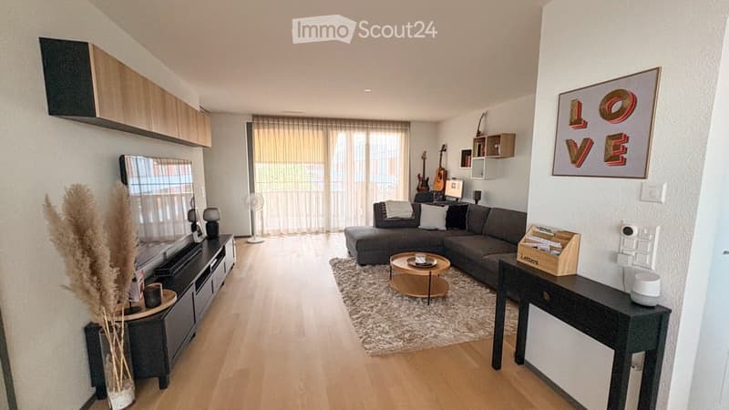 Modern living room with a grey sectional sofa, coffee table, TV stand, guitars, fan, and decorative items.