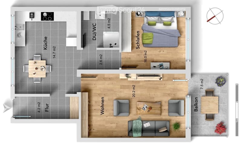Floor plan of a 2-room apartment with a kitchen, living area, bedroom, and bathroom. Includes a balcony.