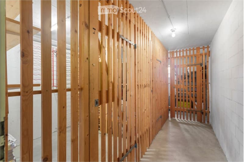 A narrow hallway with wooden panel walls and a light-colored carpeted floor. The hallway features a series of wooden doors and a visible light fixture on the ceiling.