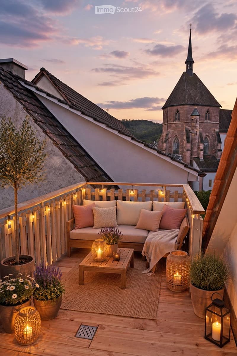 Cozy rooftop terrace with wooden decking, white picket fence, seating area with sofa, coffee table, and decorative lanterns, surrounded by potted plants and flowers.