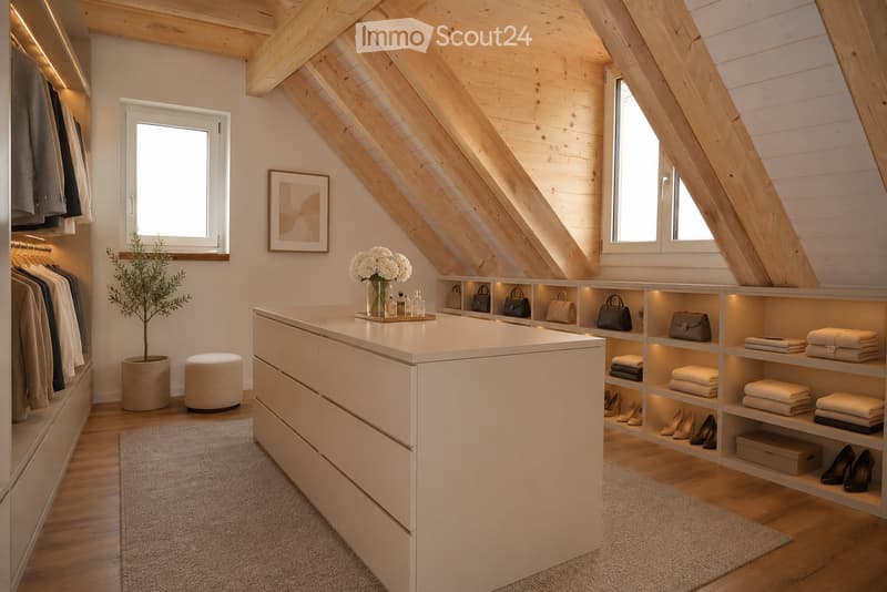 Spacious walk-in closet with wooden slanted ceilings, built-in wardrobe, shelves for shoes and bags, a small seating area with a stool, and a decorative plant.