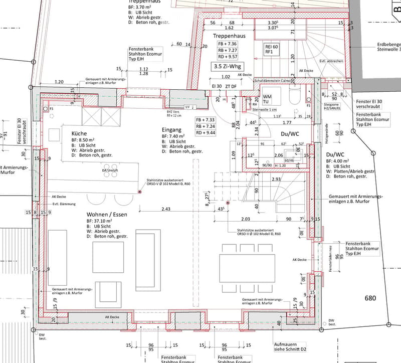 Floor plan of a multi-room apartment including a kitchen, living/dining area, two bedrooms, and two bathrooms.