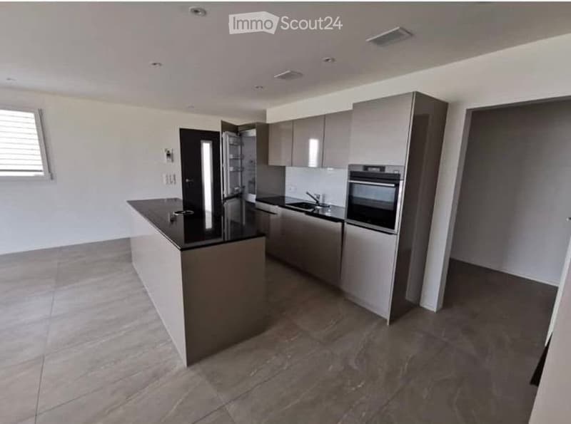 Modern kitchen with a central island, stainless steel appliances, and grey cabinets.