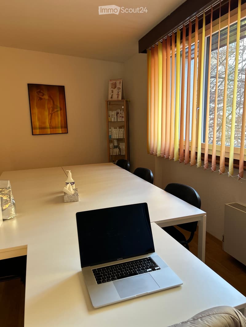 A well-lit room with a large white table, a laptop, chairs, a shelf with various items, a picture frame on the wall, and a hand sanitizer bottle on the table.