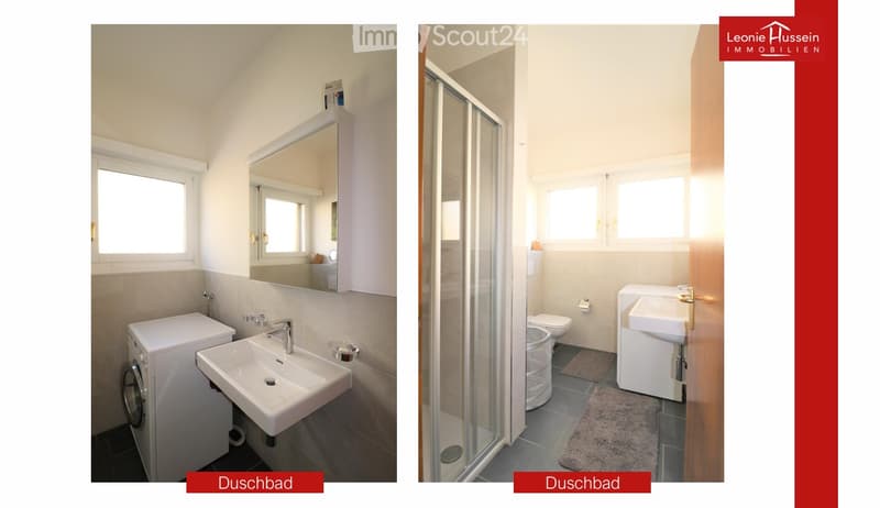 Two bathrooms shown: one with a sink, mirror, and washing machine; the other with a shower, sink, and toilet.