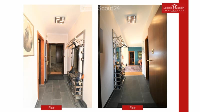 Two images of a modern hallway with tiled flooring, wooden doors, coat rack, and recessed lighting. The hallway leads to other rooms, with a glimpse of a dining area in the second image.