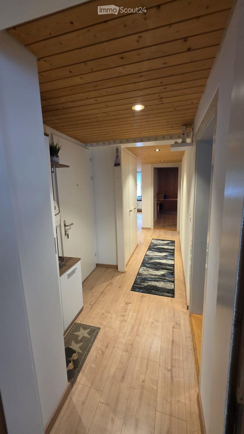 A well-lit hallway with wooden flooring, white walls, and recessed lighting. Features include a small shelf with a plant, a small rug, and a door leading to another room.
