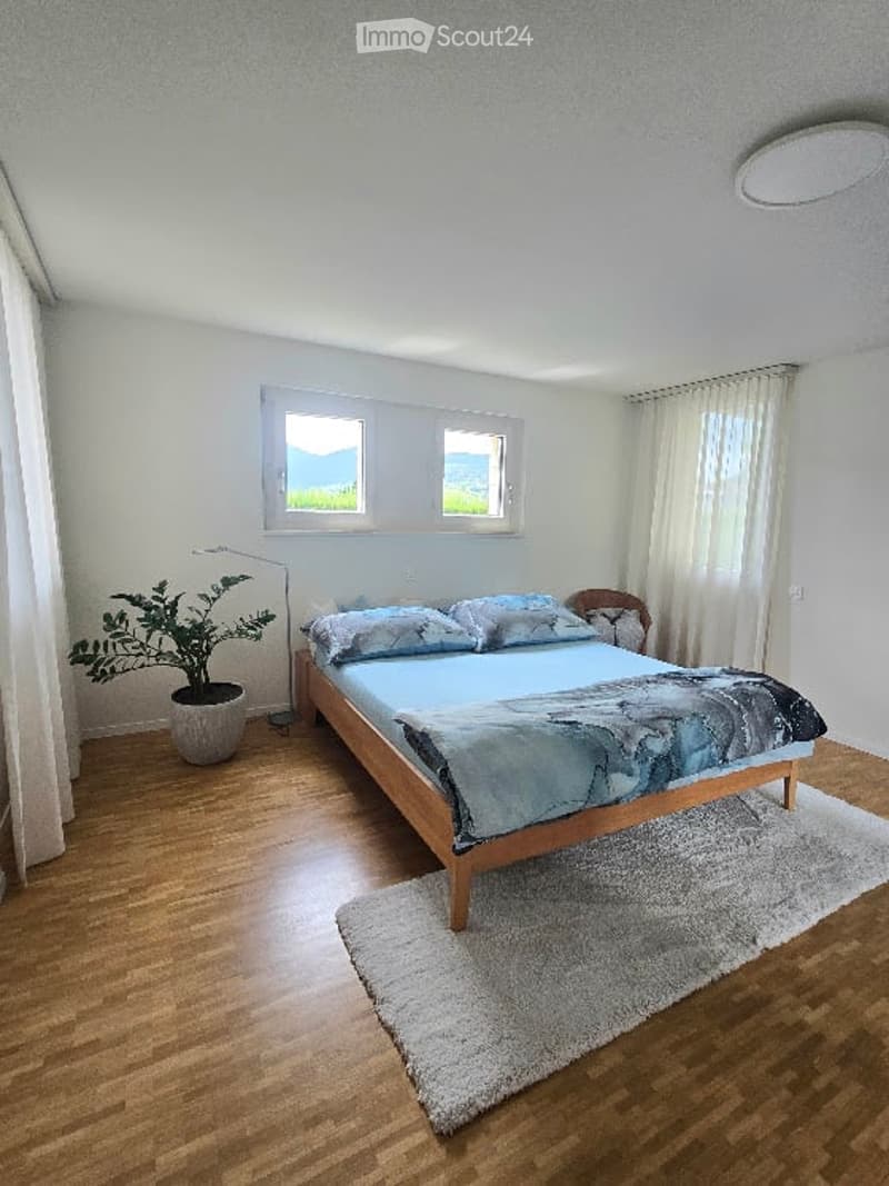 Bright bedroom with wooden flooring, a neatly made bed with pillows and a blue duvet, a potted plant, a chair, and a white shaggy rug.