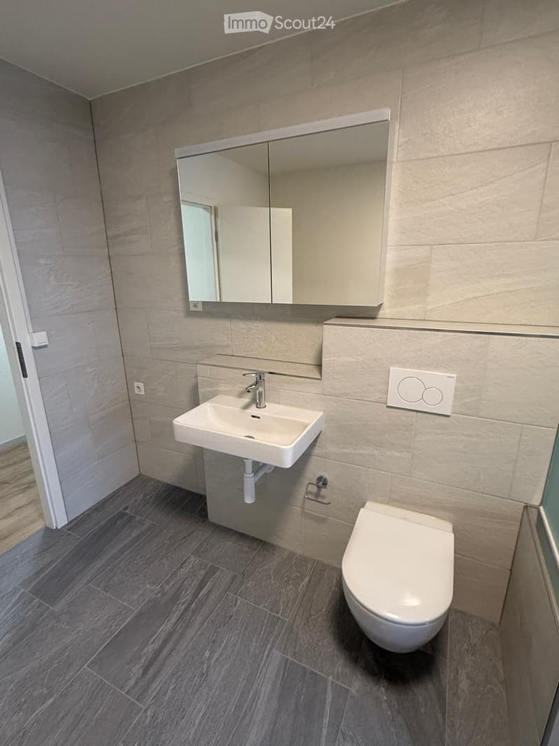 Bathroom with sink, toilet, and mirror, tile flooring.