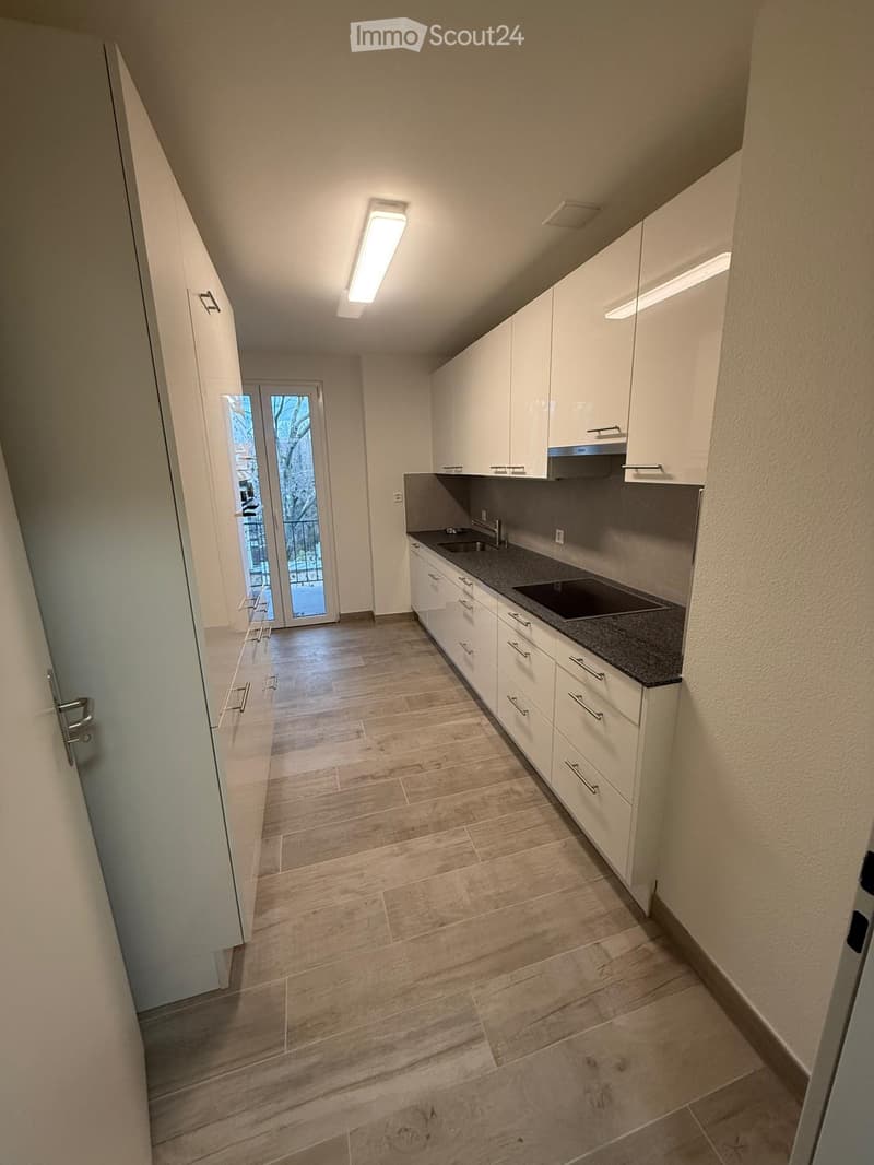 large white kitchen, wooden floor, two sinks, double countertop, white cabinets, balcony door