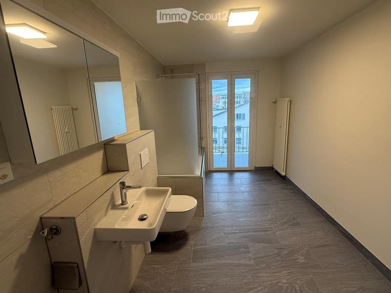 Bathroom features a toilet, a wall-mounted sink, a glass shower door, and radiators. There is also a large mirror and some lights.