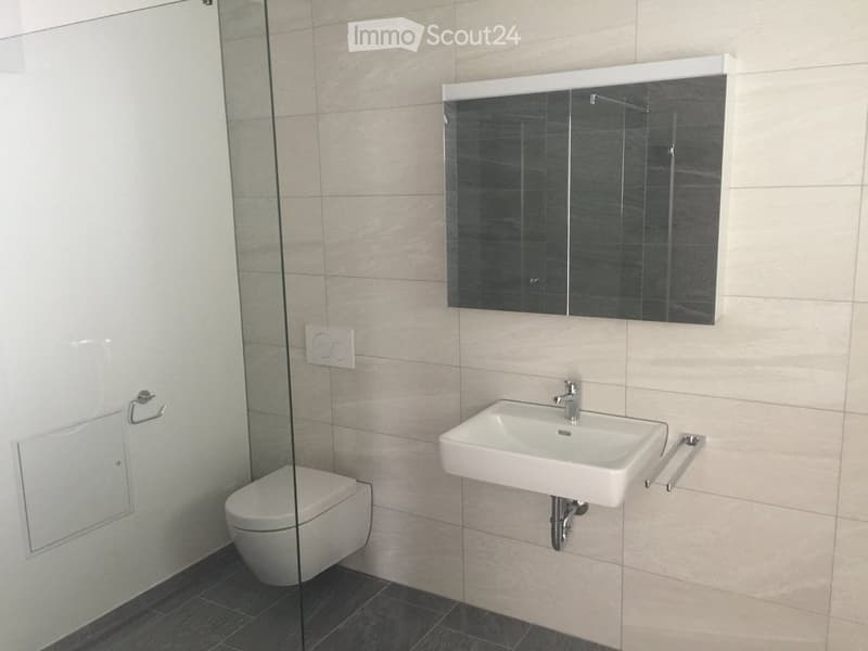 Modern bathroom with a white sink, chrome faucet, toilet, large mirror, and towel rack. Light beige tiles on walls and dark tiles on floor.