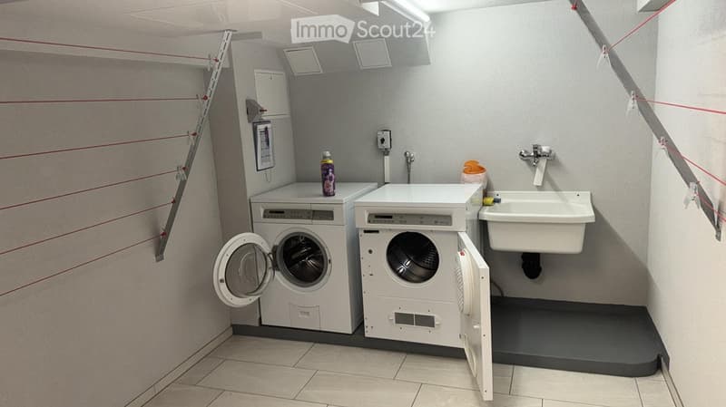 Compact bathroom with a washing machine, dishwasher, and sink, featuring tiled flooring and grey walls.