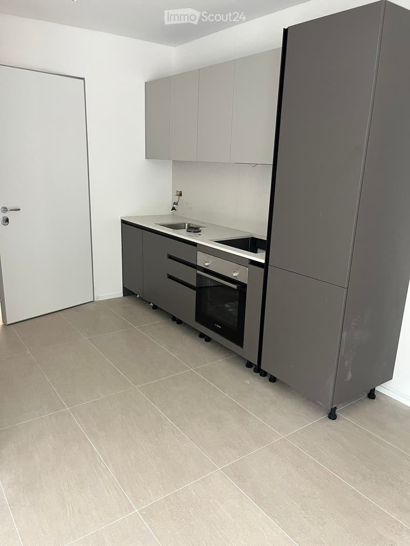 Modern kitchen with grey cabinets, stainless steel appliances, and a tiled floor.
