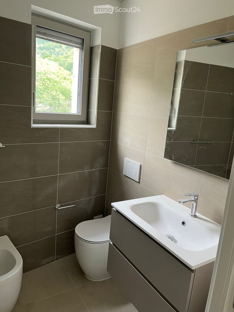 Modern bathroom with a white sink, chrome faucet, large mirror, and two toilets, featuring dark brown tiles and a window with a view of greenery.